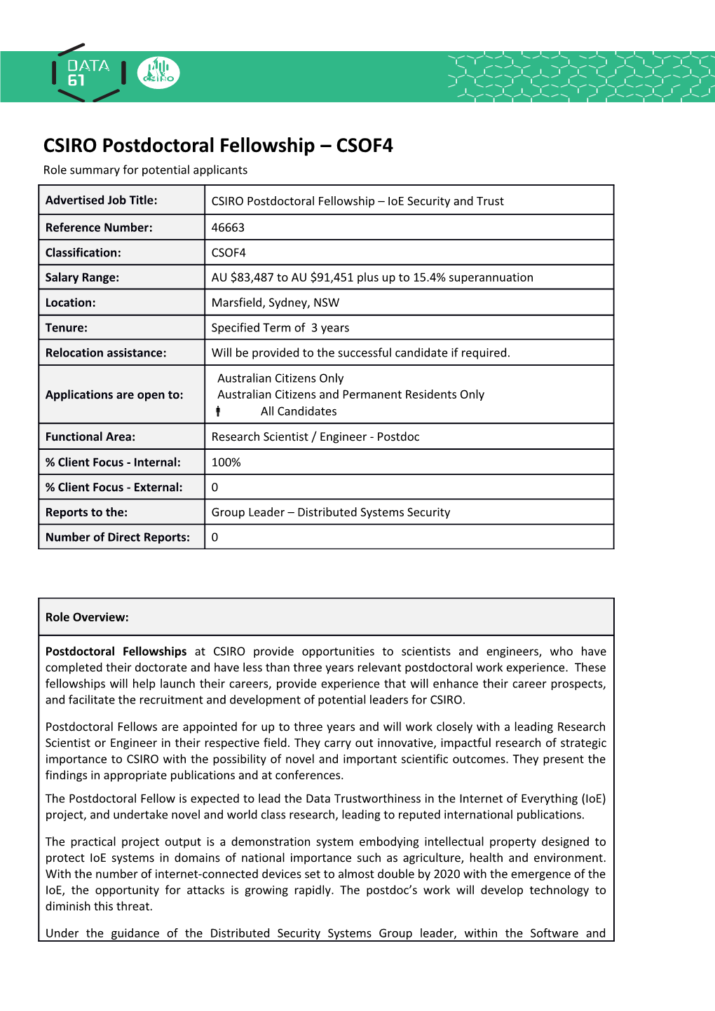 CSIRO Postdoctoral Fellowship CSOF4