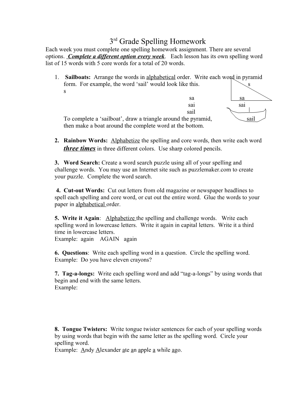 3Rd Grade Spelling Homework