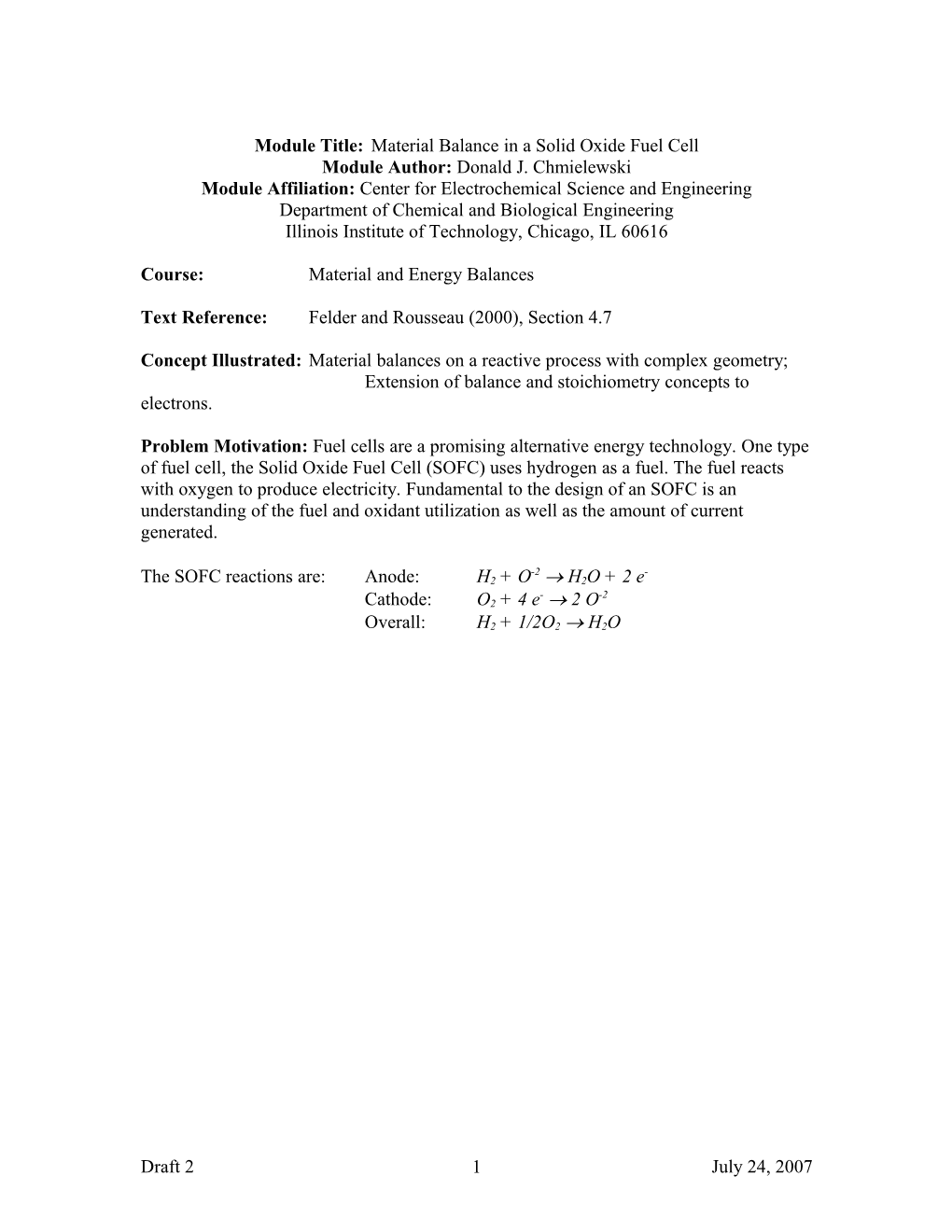 Module Title:Material Balance in a Solid Oxide Fuel Cell