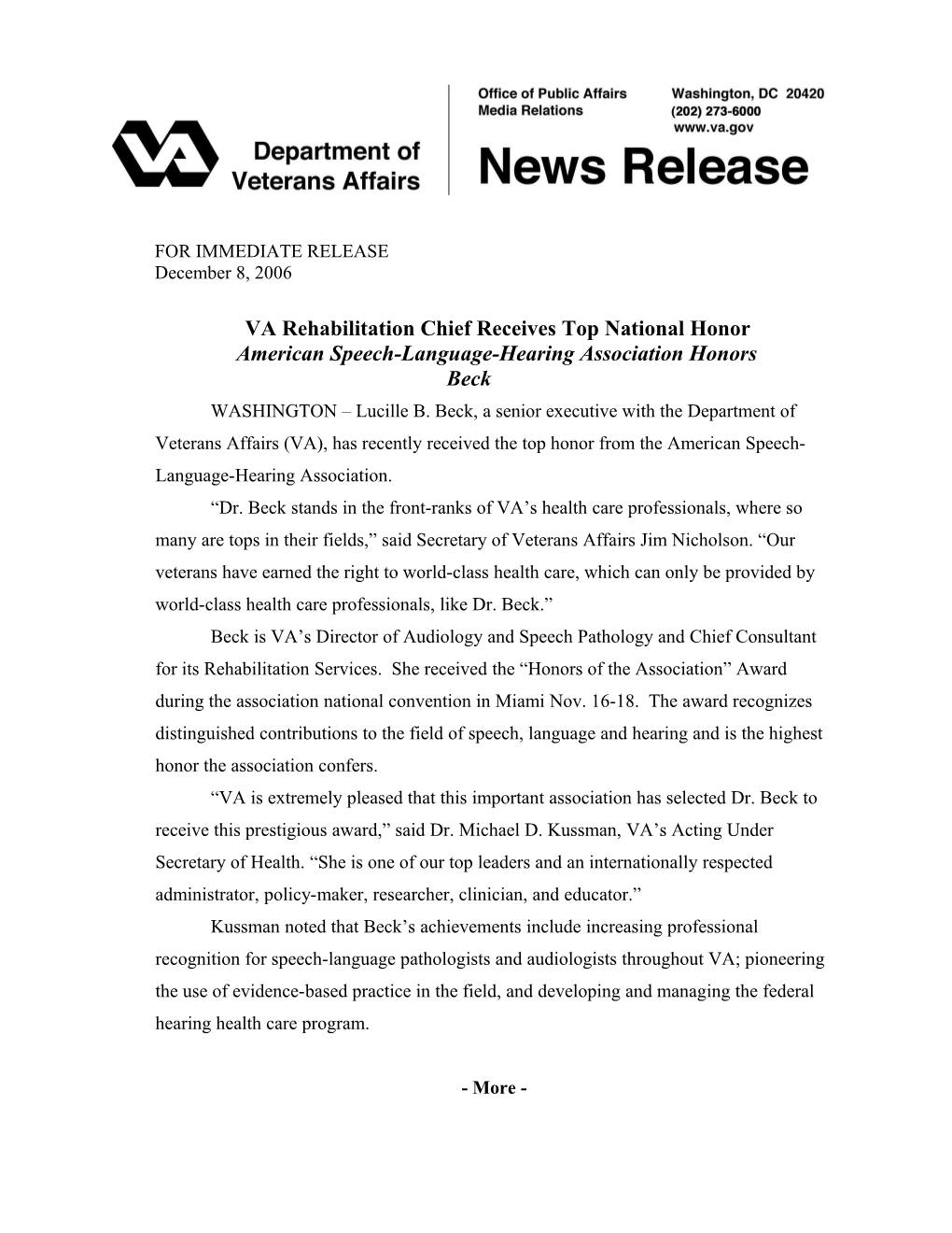 VA Rehabilitation Chief Receives Top National Honor