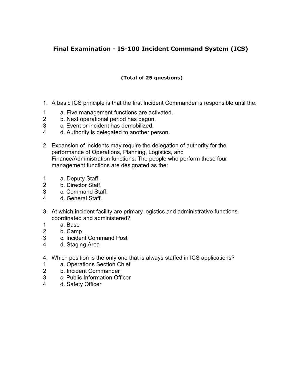 Final Examination - IS-100 Incident Command System (ICS)
