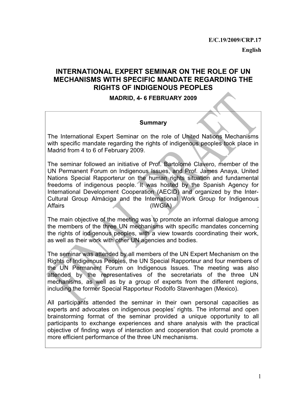 International Expert Seminar on the Role of UN Mechanisms with Specific Mandate Regarding