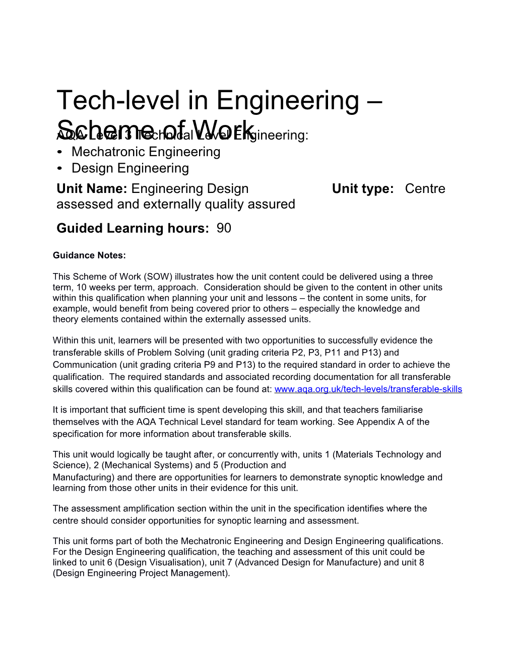 Tech-Level in Engineering Scheme of Work
