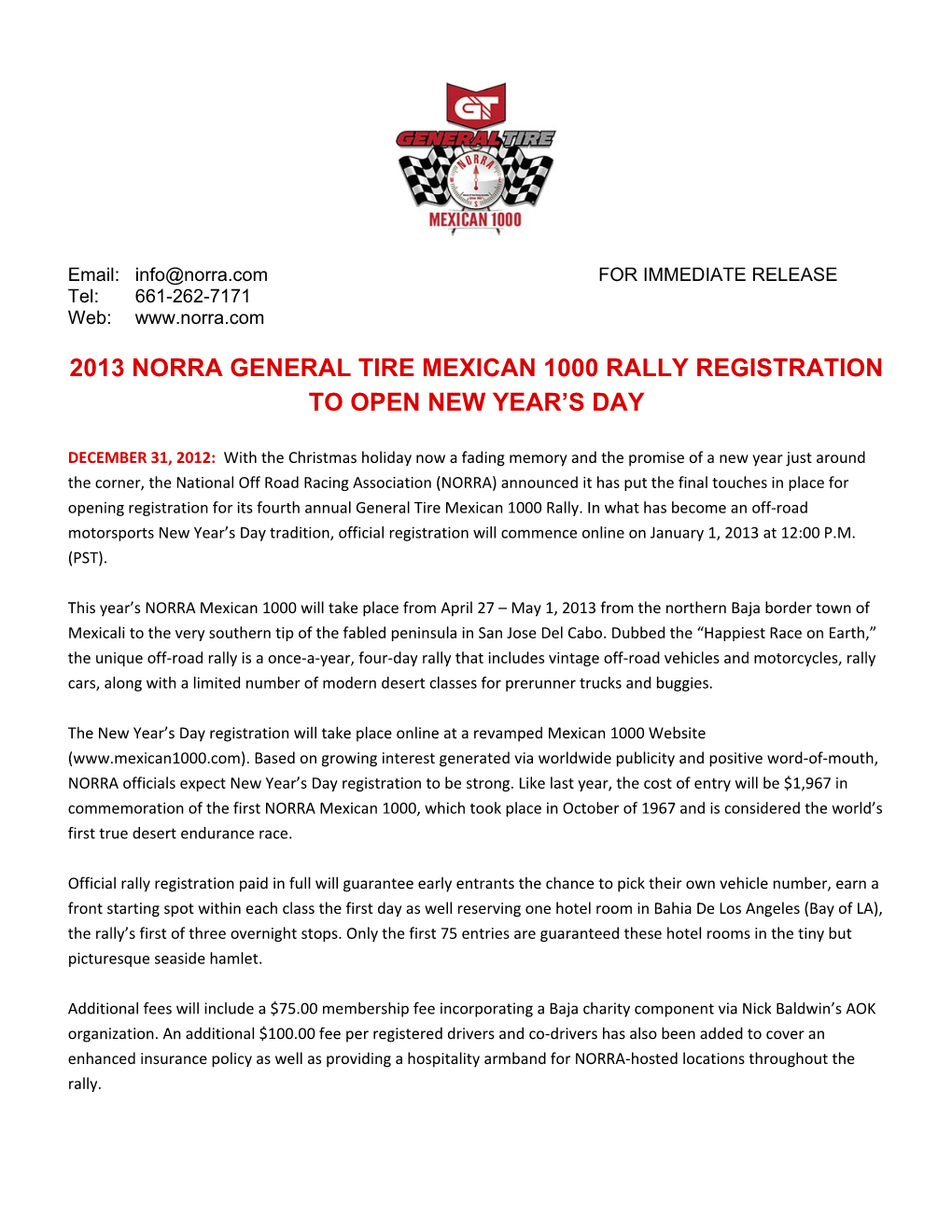2013 Norra General Tire Mexican 1000 Rally Registration