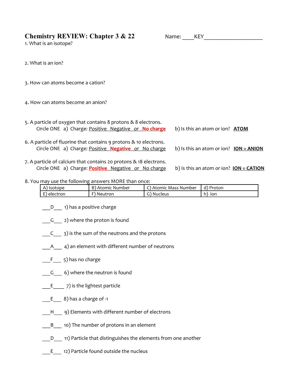 Isotopes, Ions Worksheet