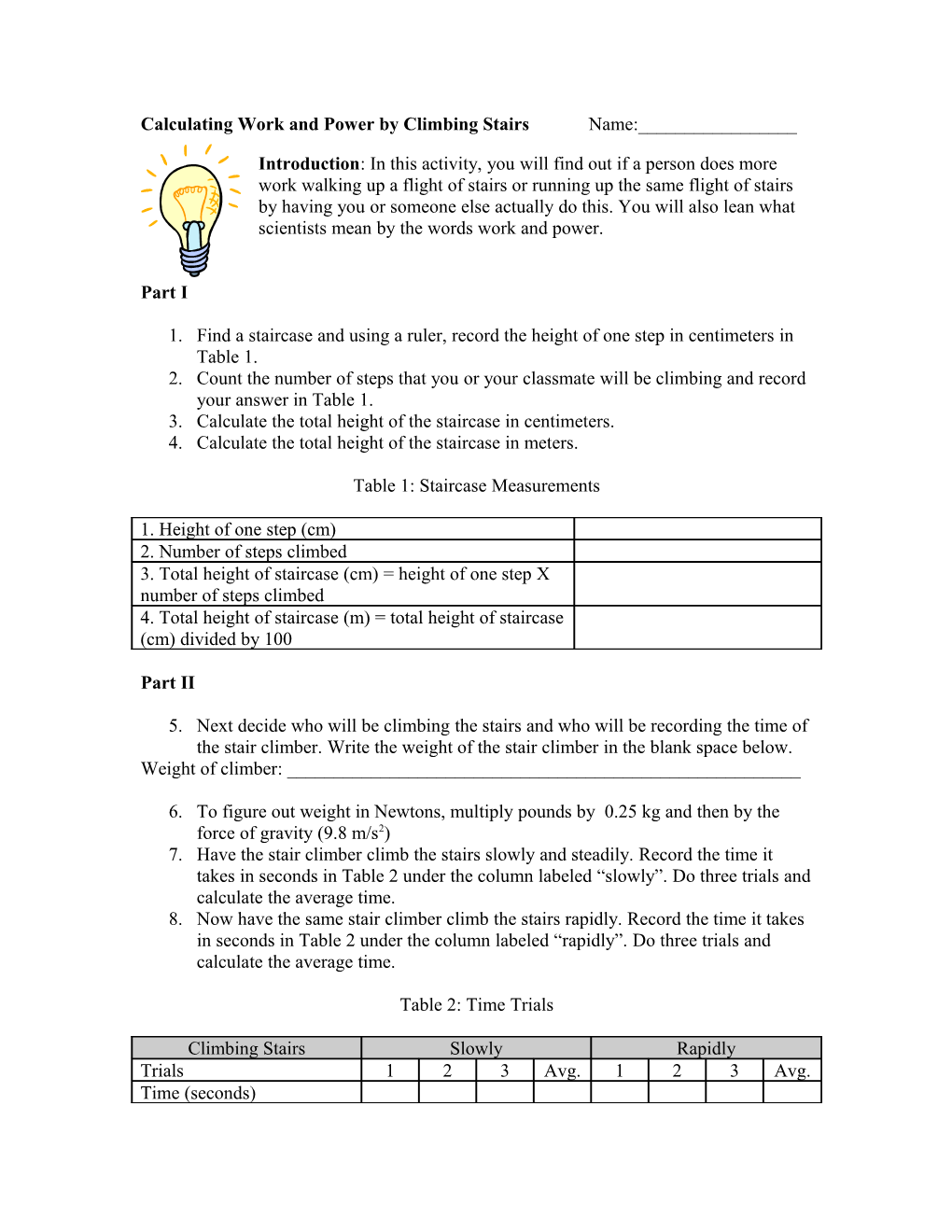 Calculating Work and Power by Climbing Stairs