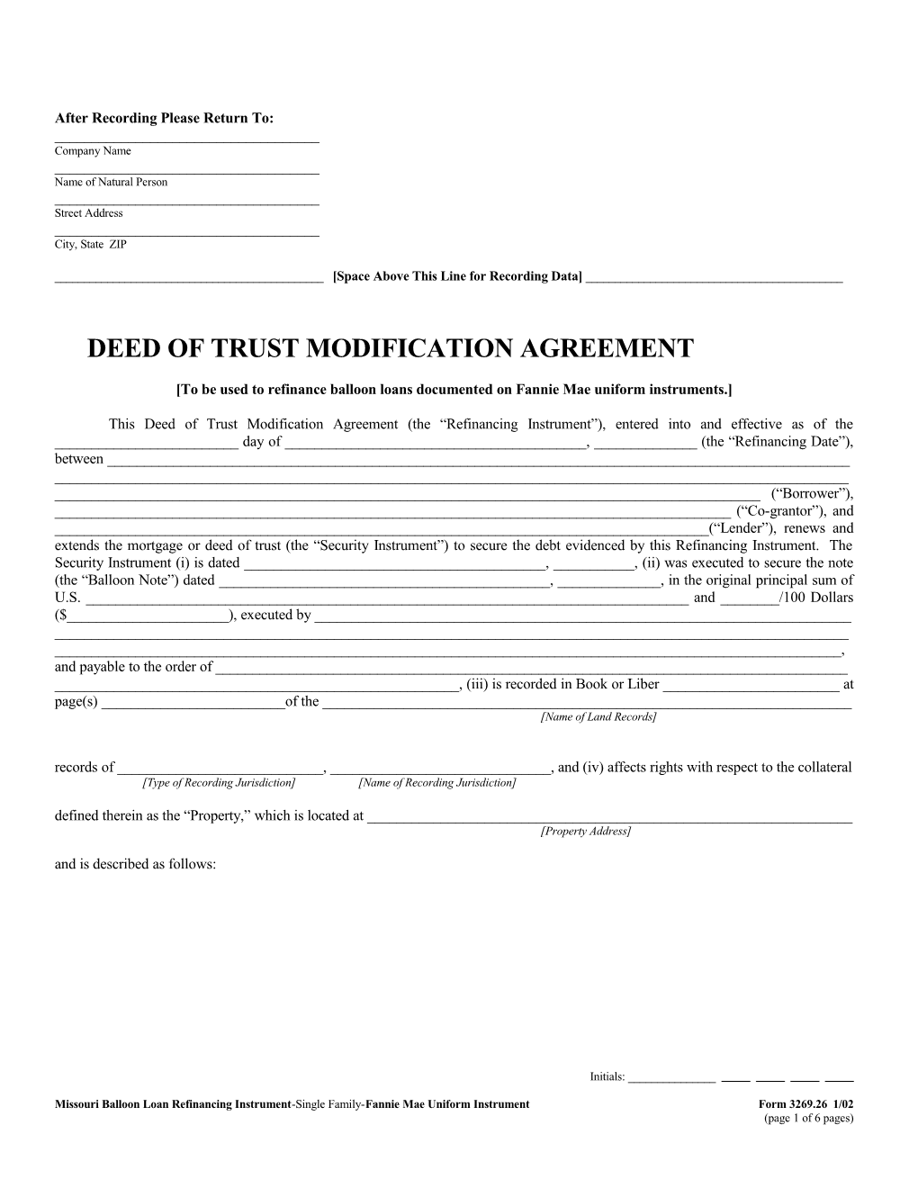 Missouri Balloon Loan Refinancing Instrument (Form 3269.26): Word