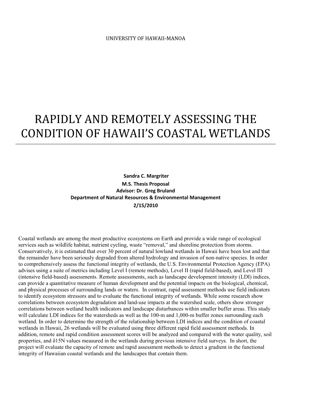 Rapidly and Remotely Assessing the Condition of Hawaii S Coastal Wetlands