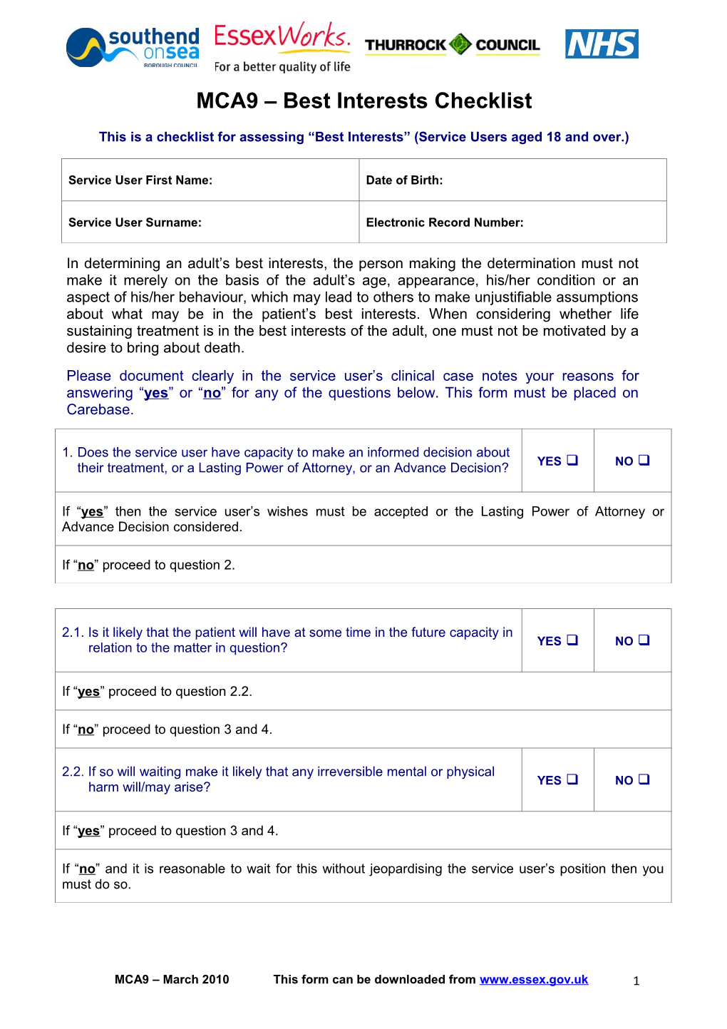 MCA9 Best Interests Checklist