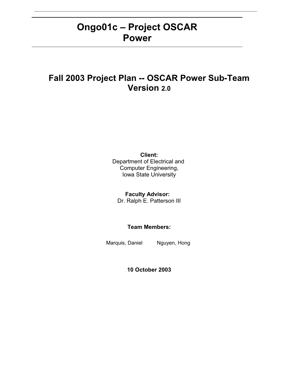 Fall 2003 Project Plan OSCAR Power Sub-Team