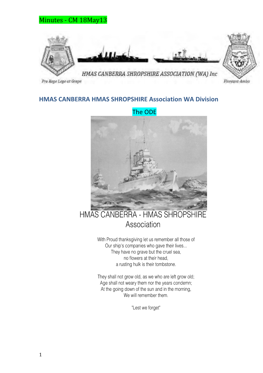 HMAS CANBERRA HMAS SHROPSHIRE Association WA Division