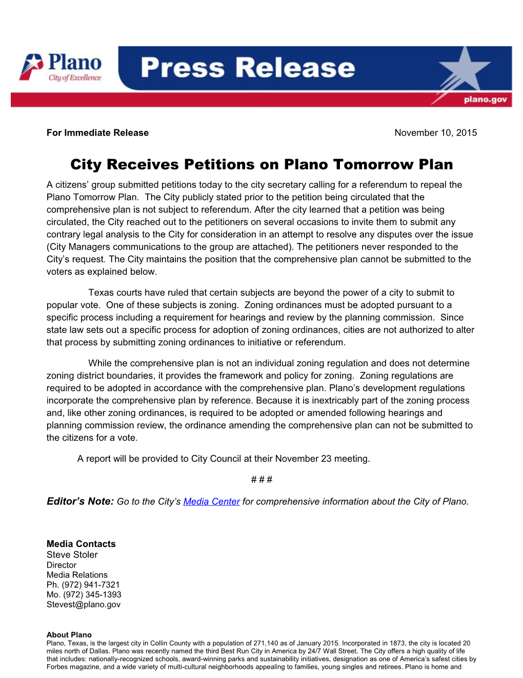 City Receives Petitions on Plano Tomorrow Plan