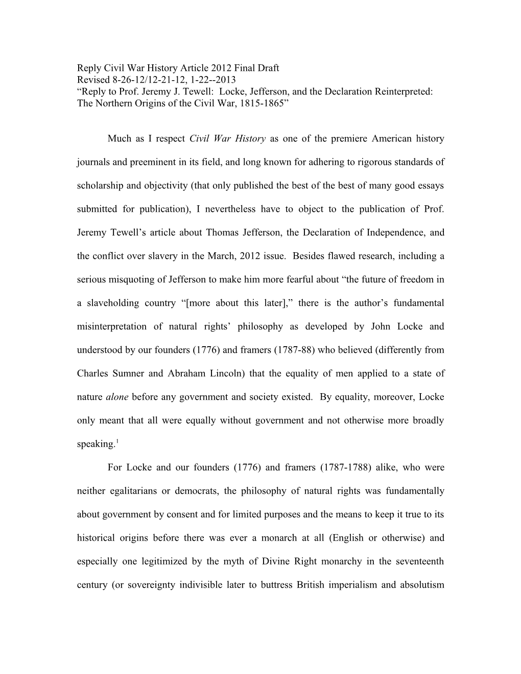 Reply to Prof. Jeremy J. Tewell: Locke, Jefferson, and the Declaration Reinterpreted