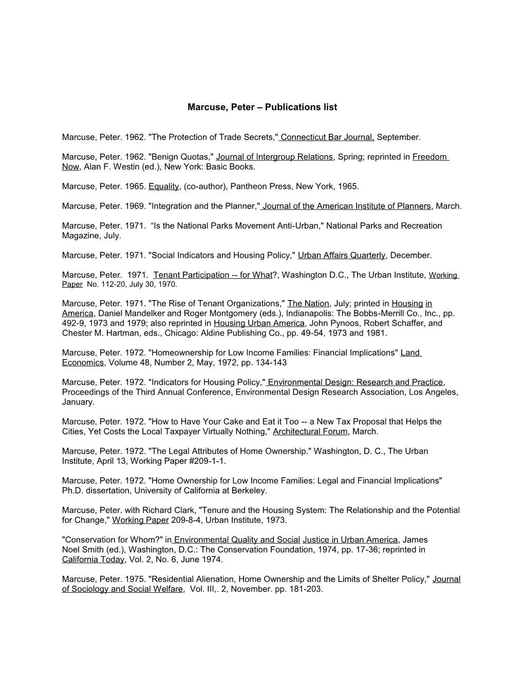 Marcuse, Peter Publications List