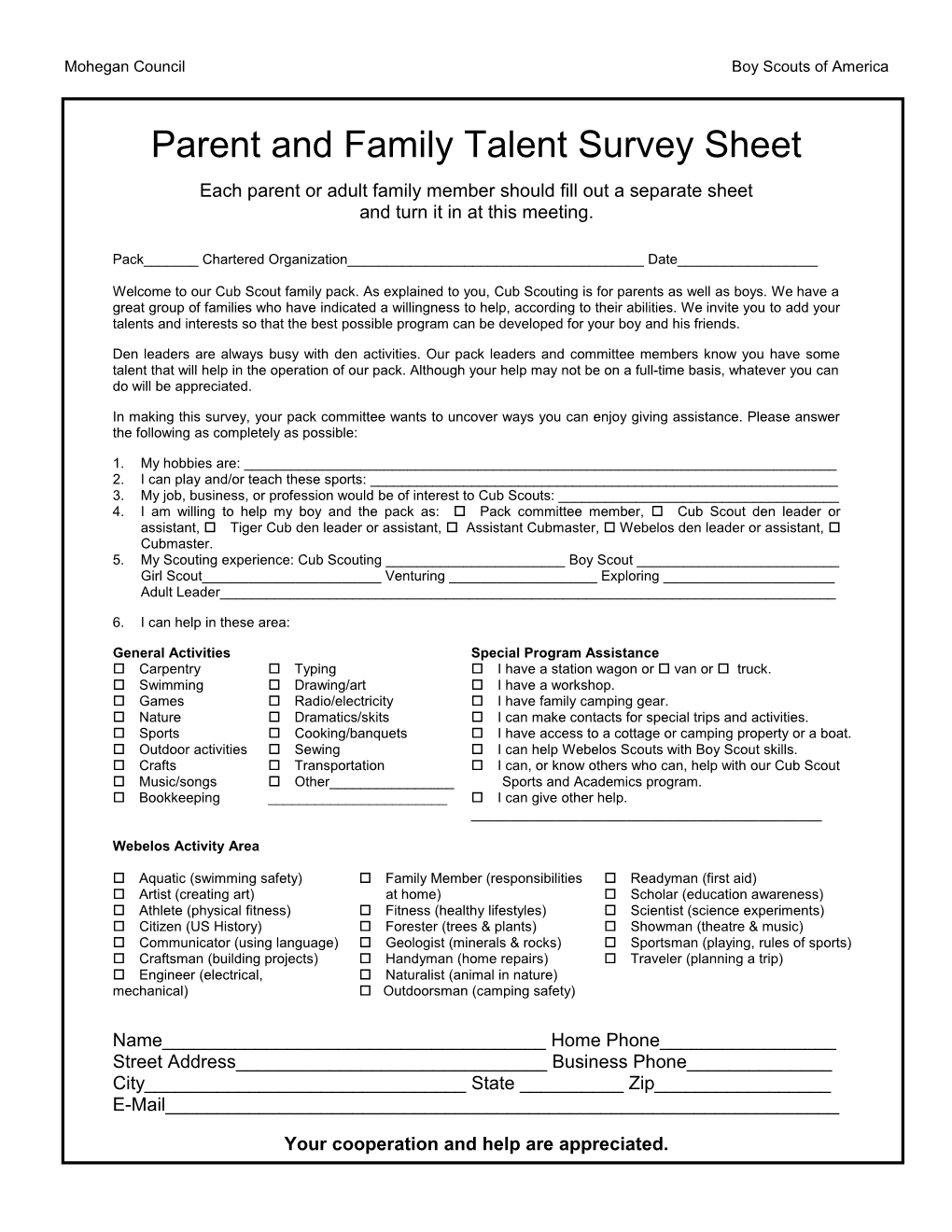 Parent and Family Talent Survey Sheet