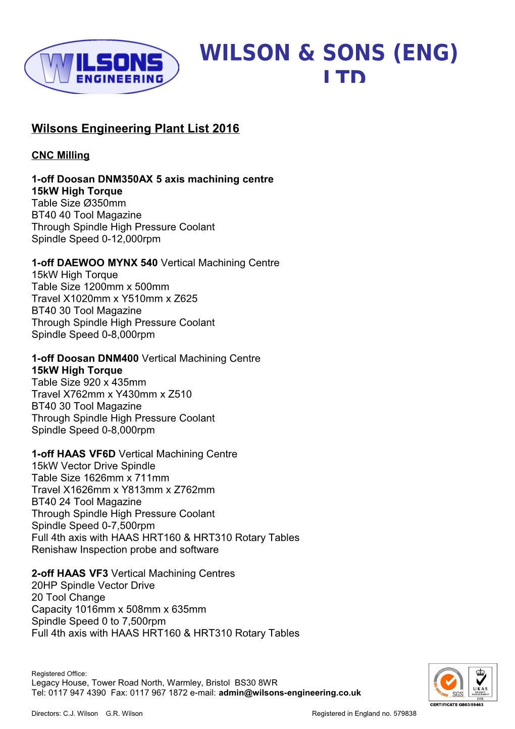 Wilsons Engineering Plant List 2016