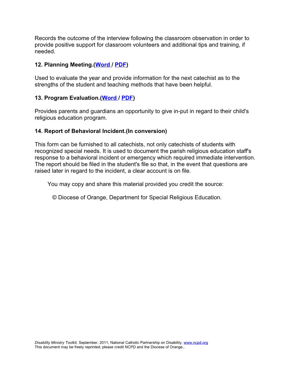 Department of Special Religious Education Programming Forms