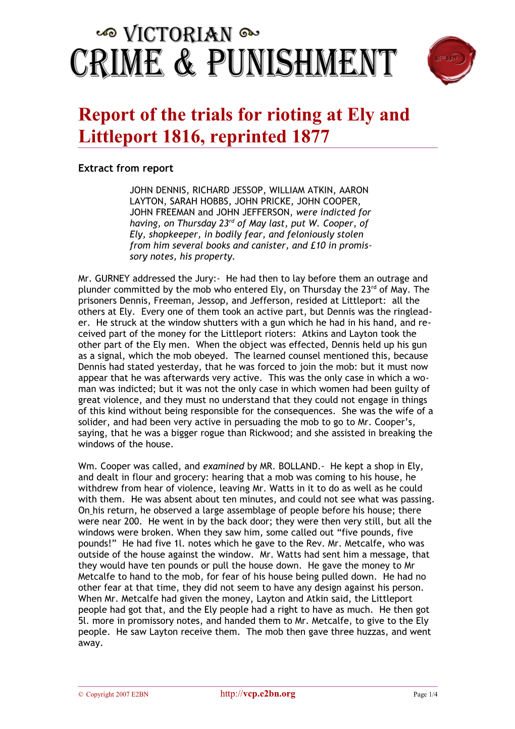 Report of the Trials for Rioting at Ely and Littleport 1816, Reprinted 1877