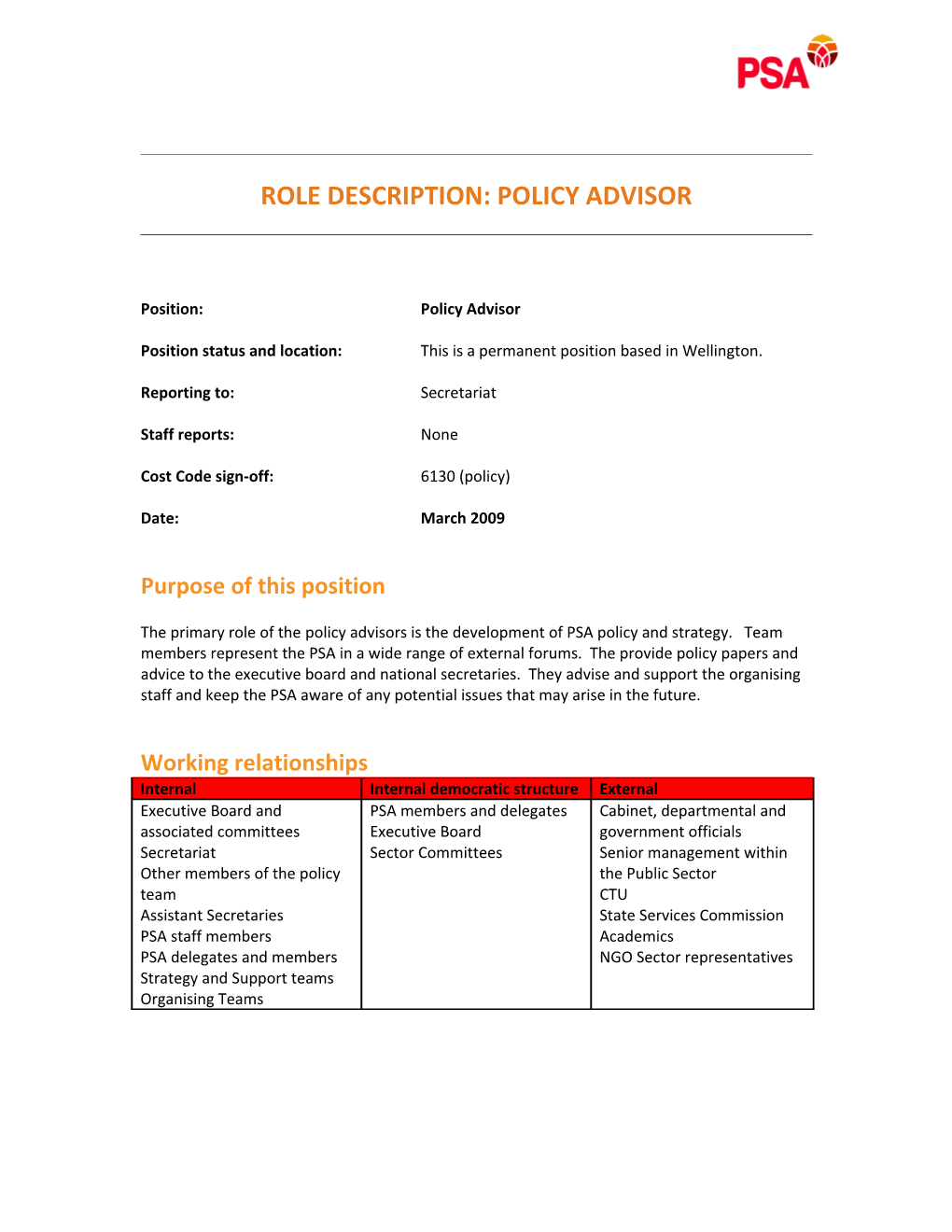 Role Description: Policy Advisor