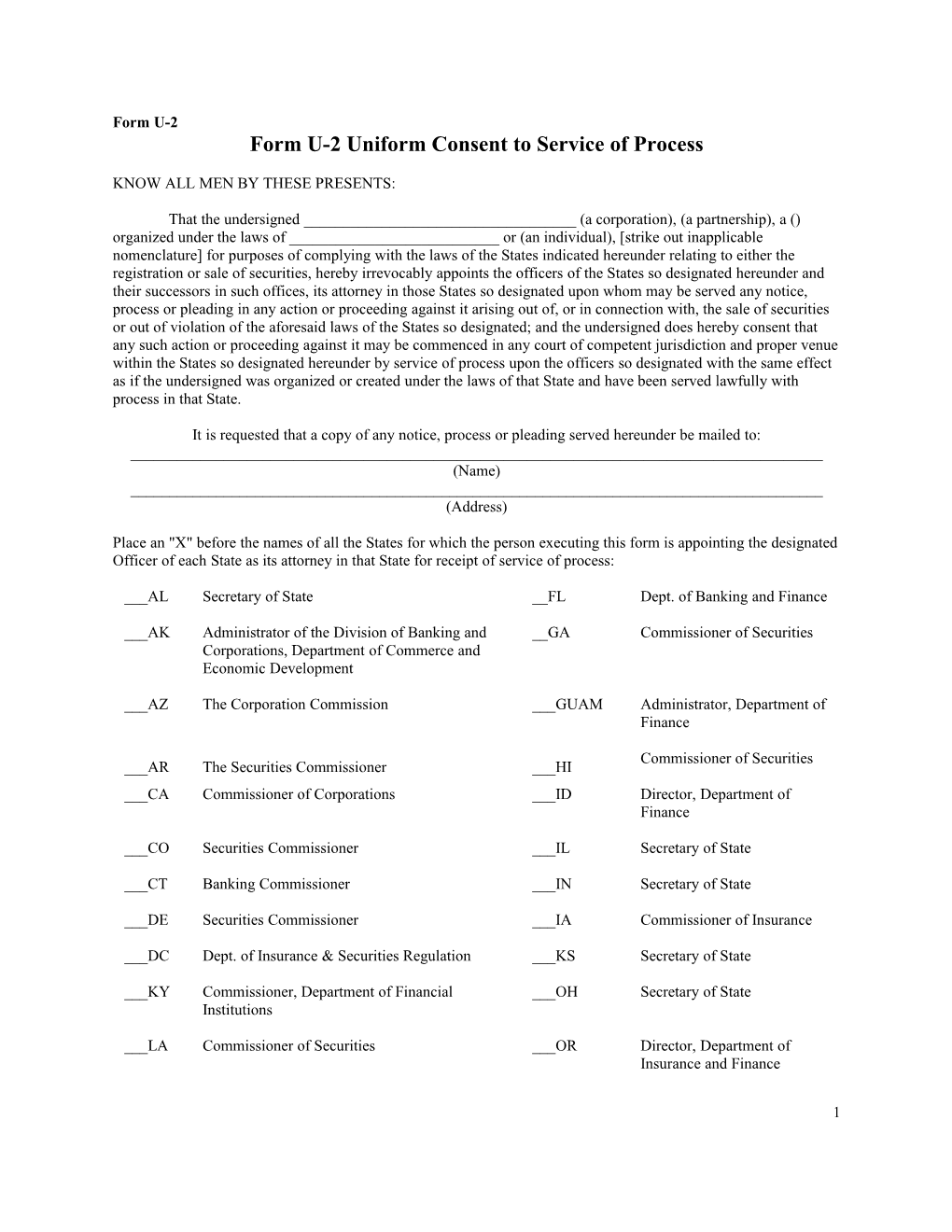 Form U-2 Uniform Consent to Service of Process