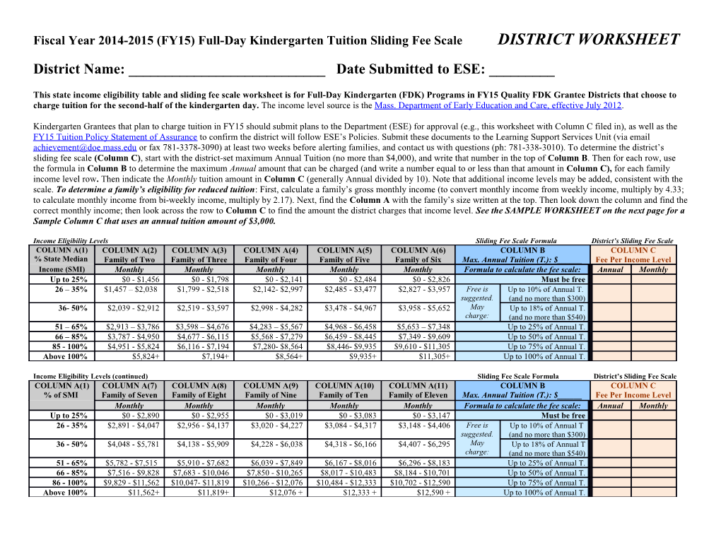 FY15 Full-Day Kindergarten (FDK) Tuition Sliding Fee Scale Worksheet and Sample - January 2014