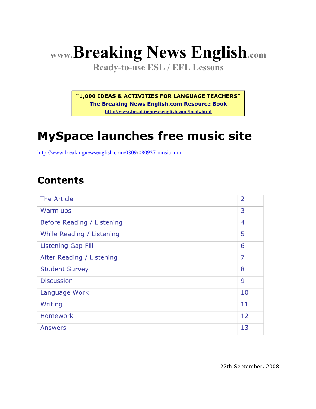 ESL Lesson: Myspace Launches Free Music Site