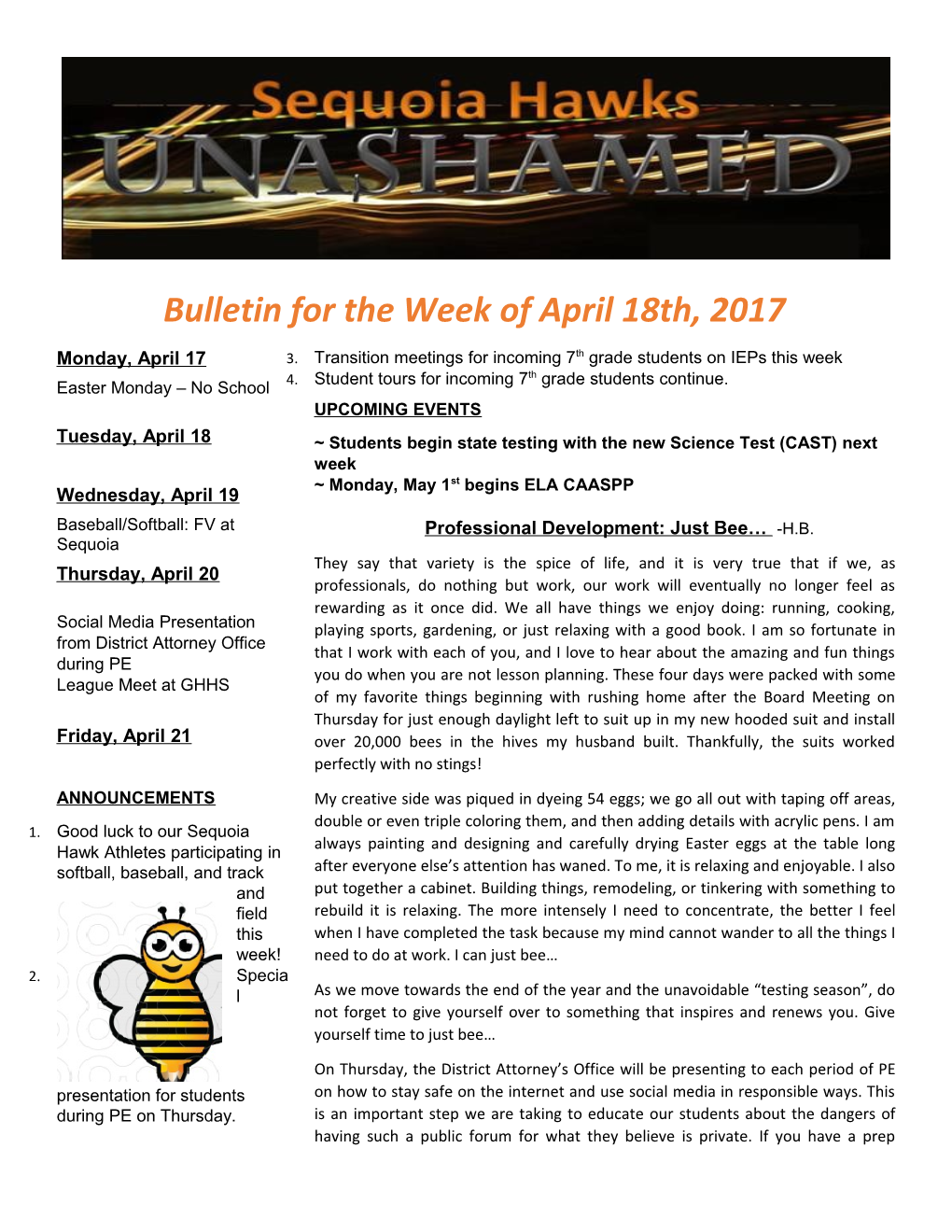 Bulletin for the Week of April 18Th, 2017