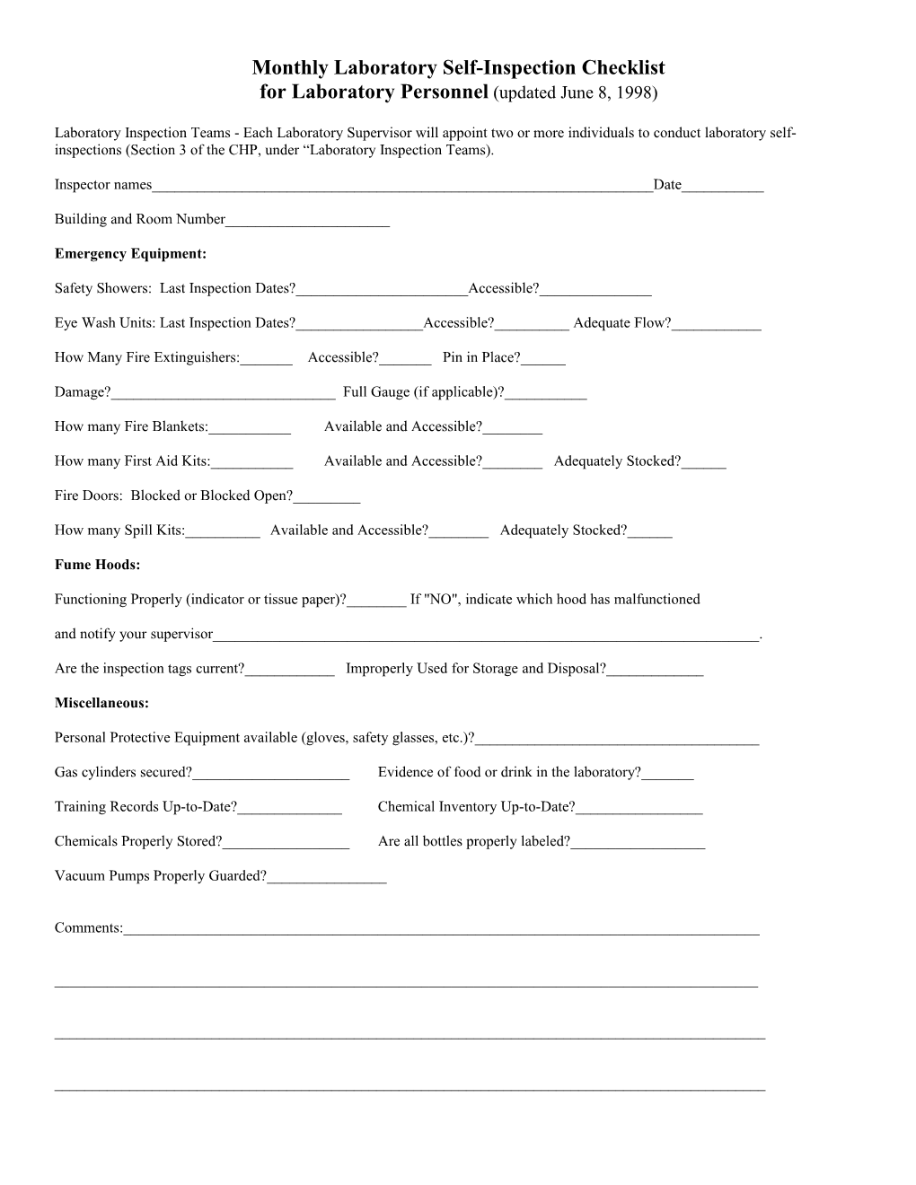 Monthly Laboratory Self-Inspection Checklist