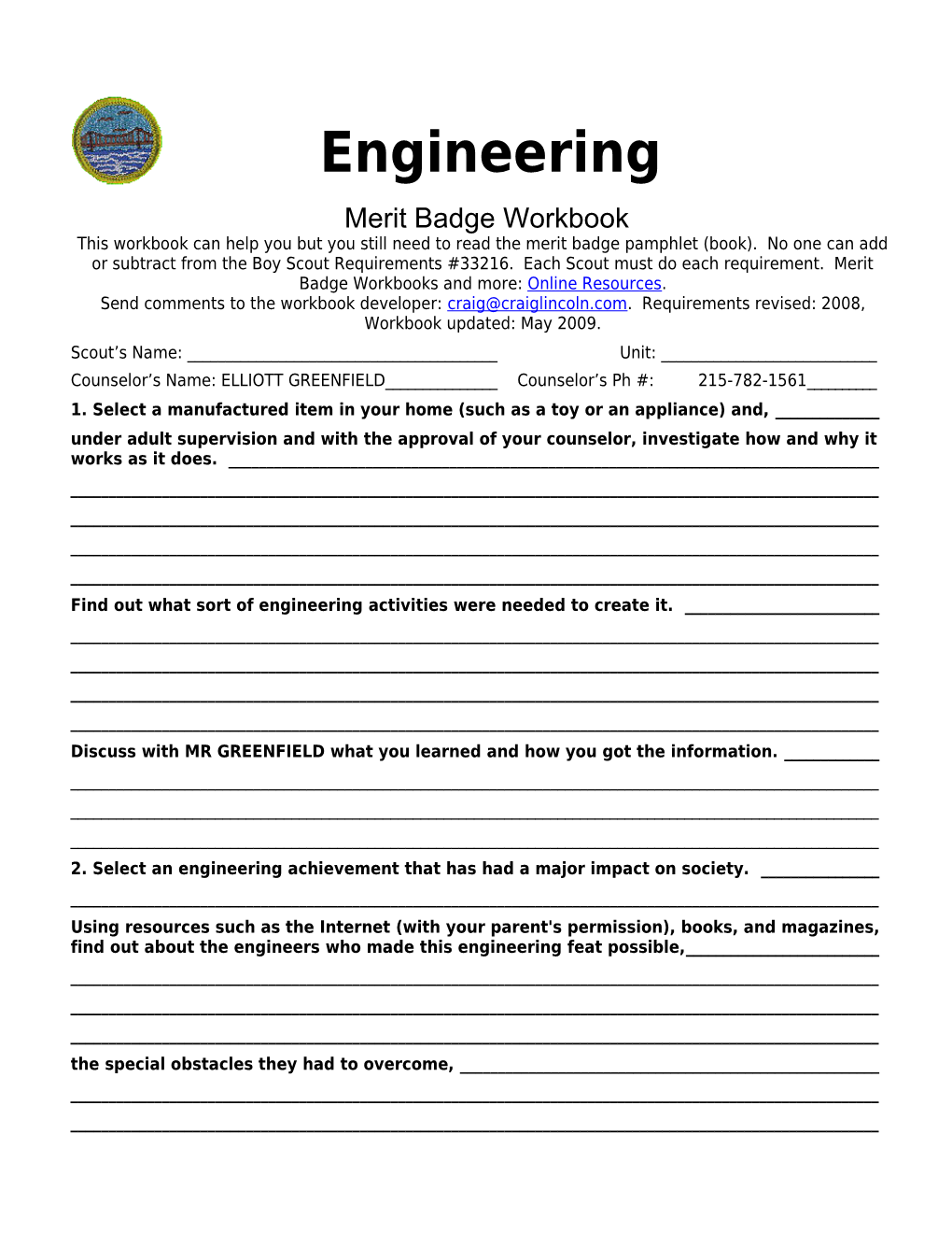 Engineering P. 1 Merit Badge Workbookscout's Name: ______