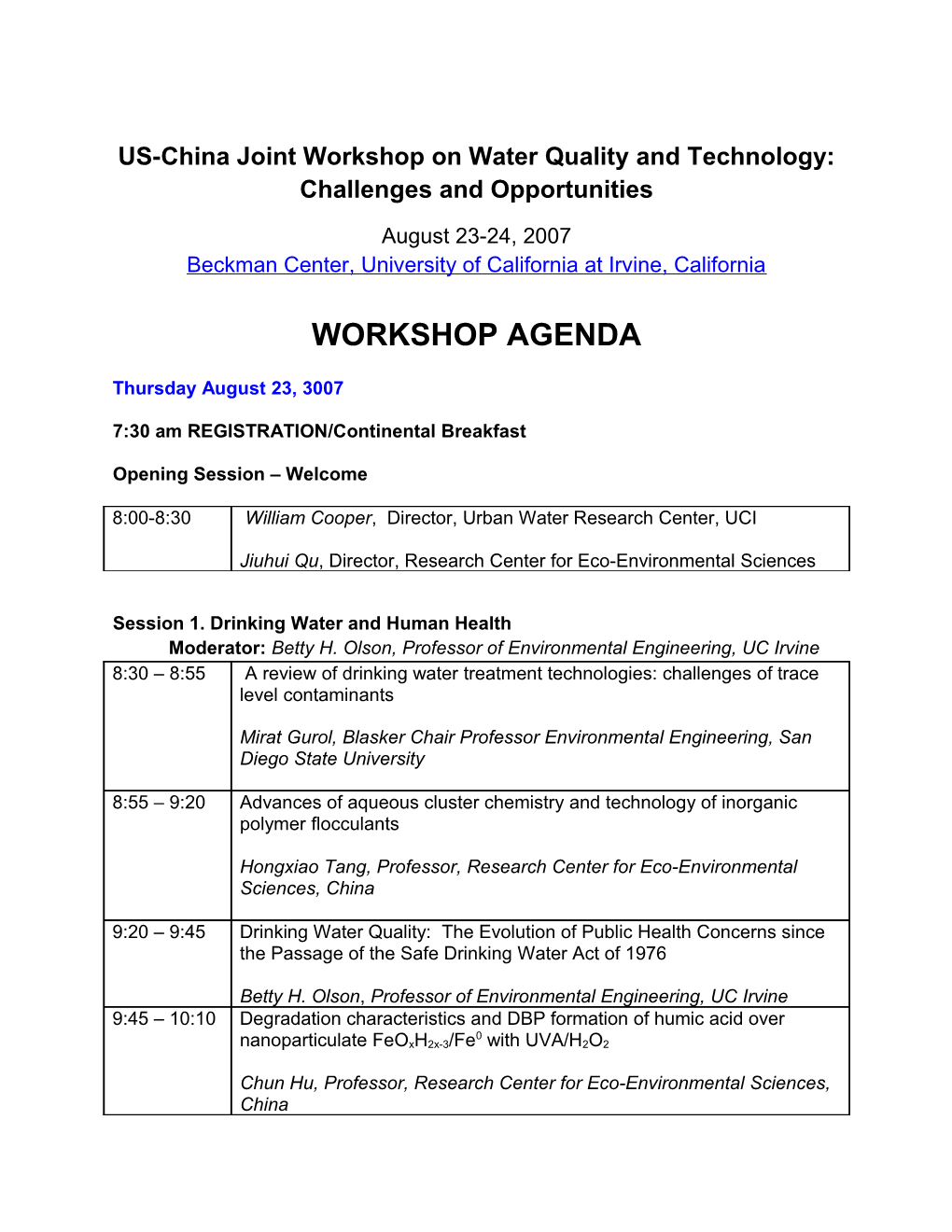 US-China Joint Workshop on Water Quality and Technology: Challenges and Opportunities