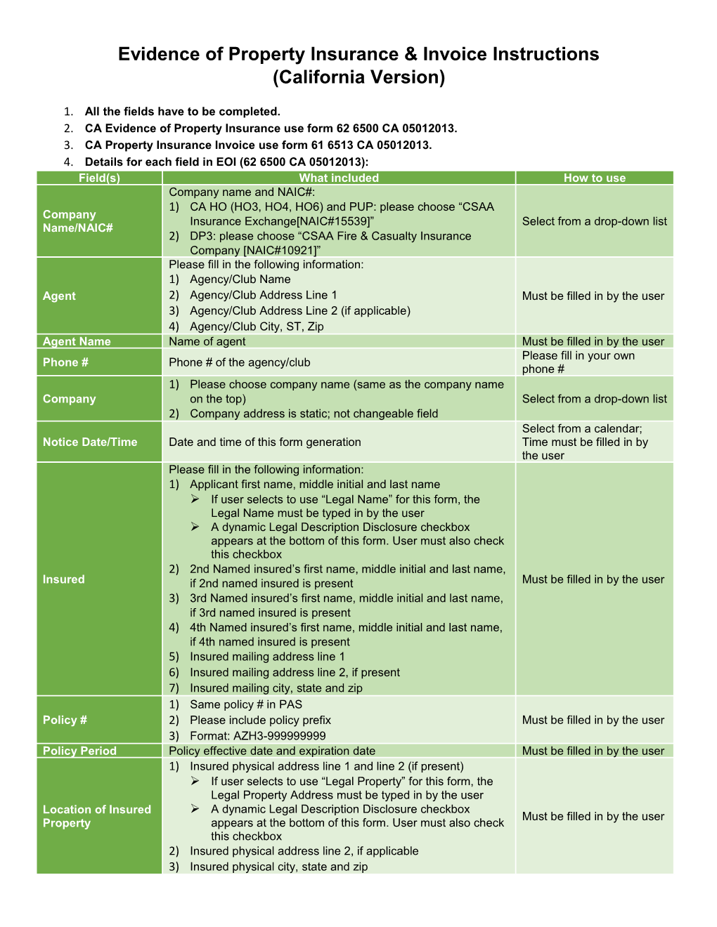 Evidence of Property Insurance & Invoice Instructions