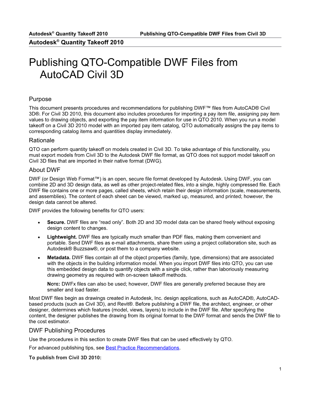 Autodesk Quantity Takeoff 2010Publishing QTO-Compatible DWF Files from Civil 3D