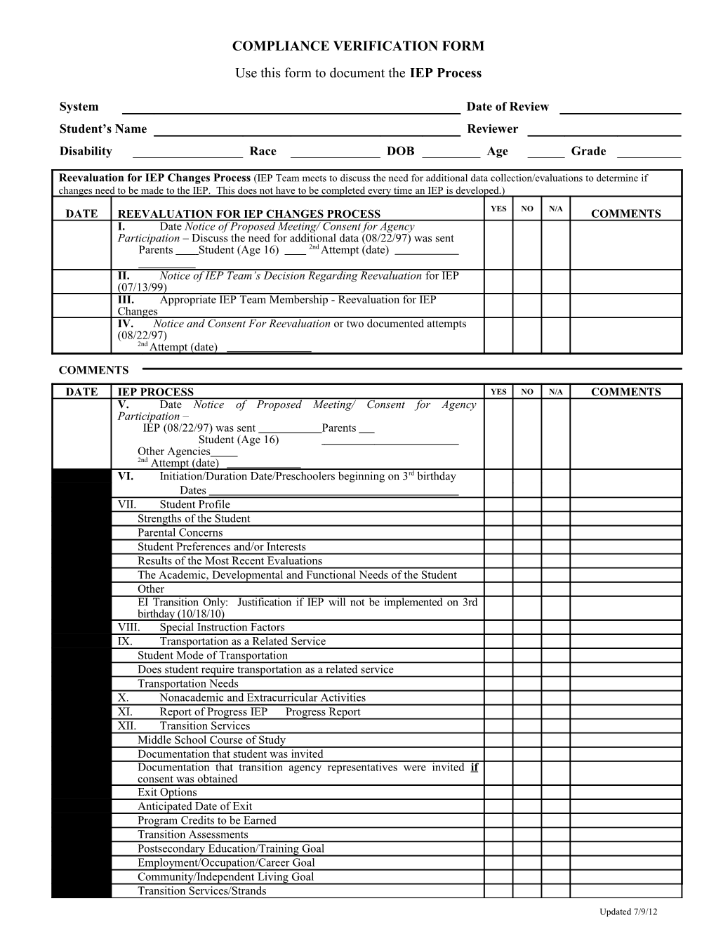 Use This Form to Document the IEP Process