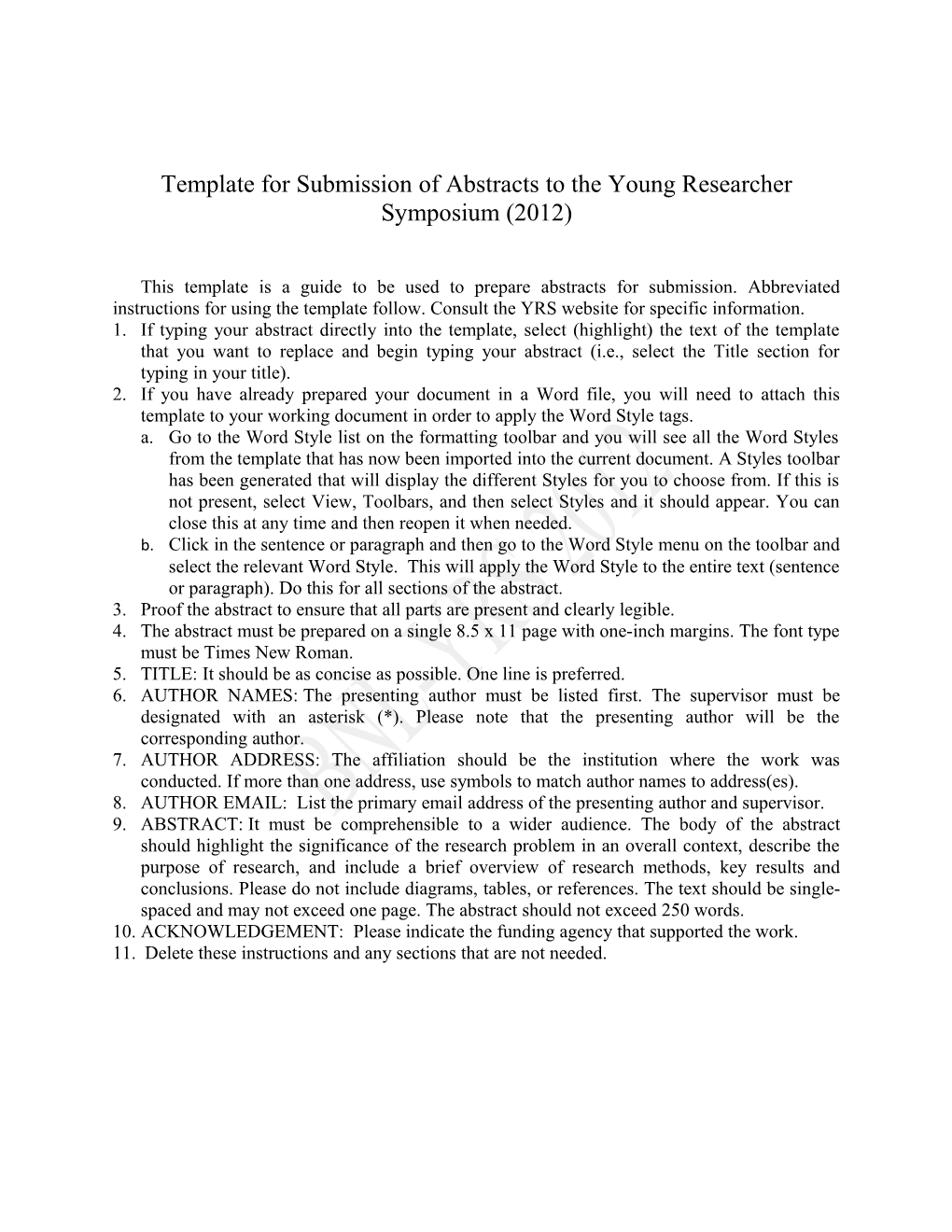 Template for Submission of Abstracts to the Young Researcher Symposium (2012)
