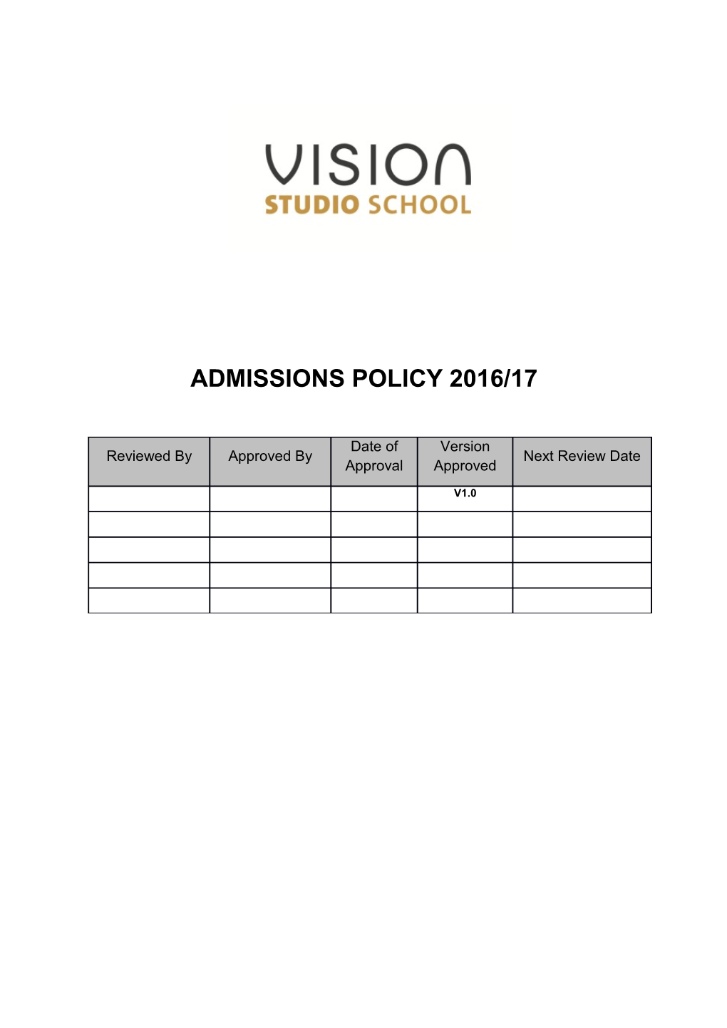 Walsall Studio School Admissions Policy