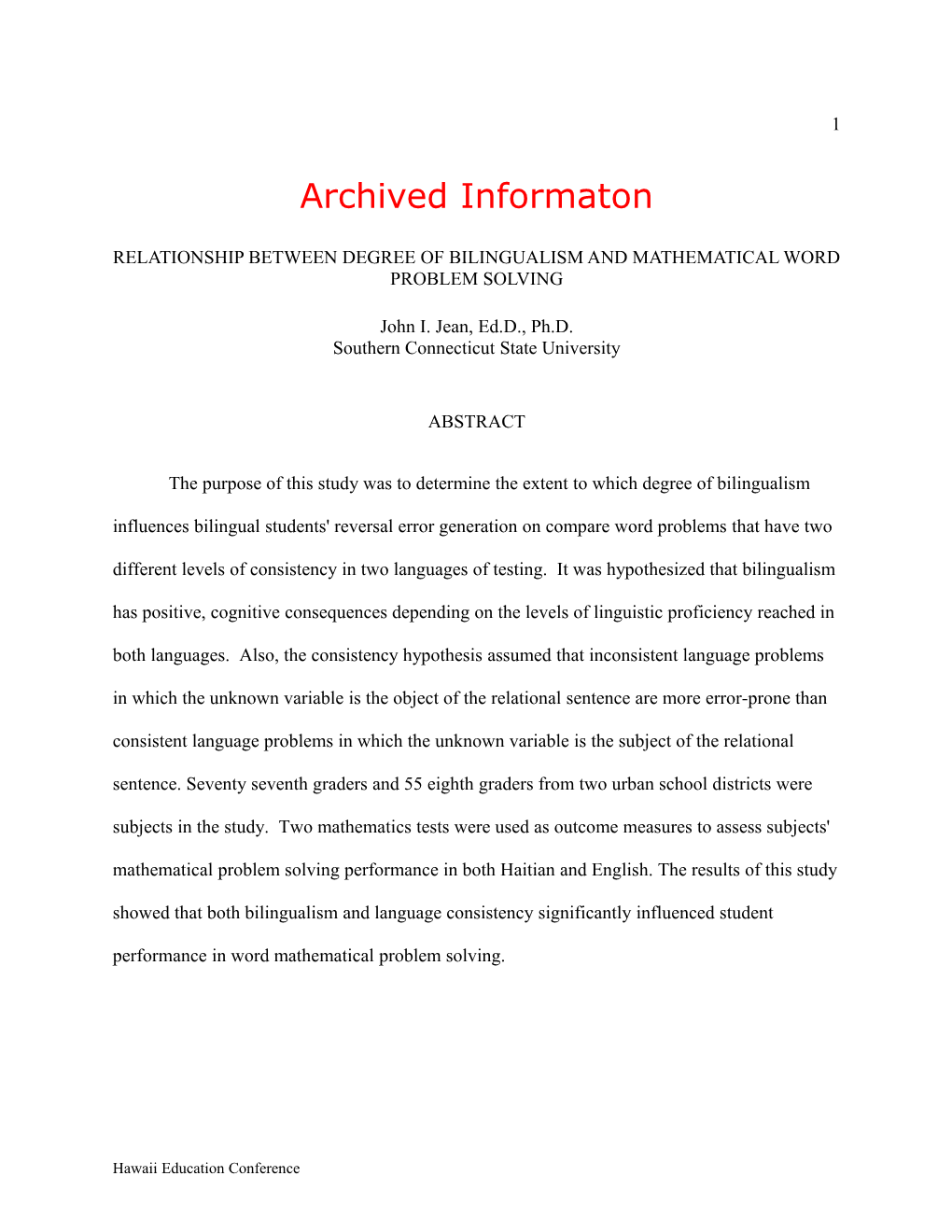 Archived: Relationship Between Degree of Bilingualism and Mathematical Word Problem Solving