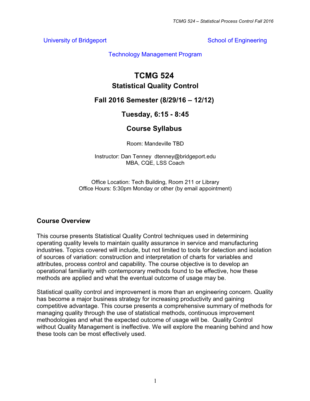 TCMG 524 Statistical Process Controlfall 2016