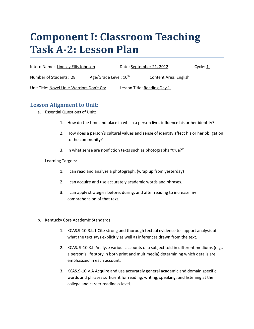 Component I: Classroom Teaching Task A-2: Lesson Plan