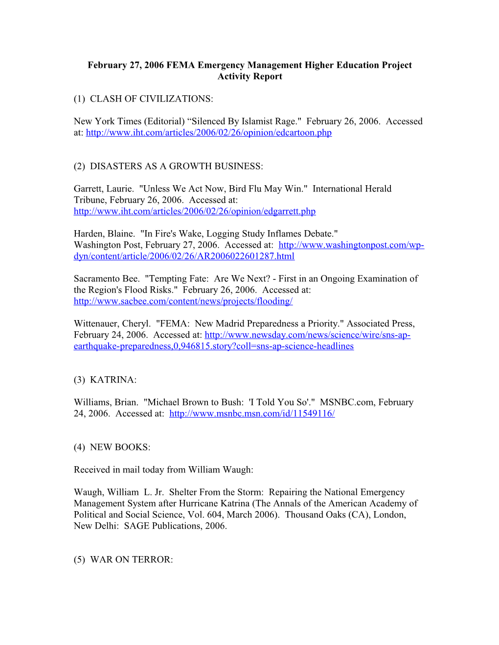 February 27, 2006 FEMA Emergency Management Higher Education Project Activity Report