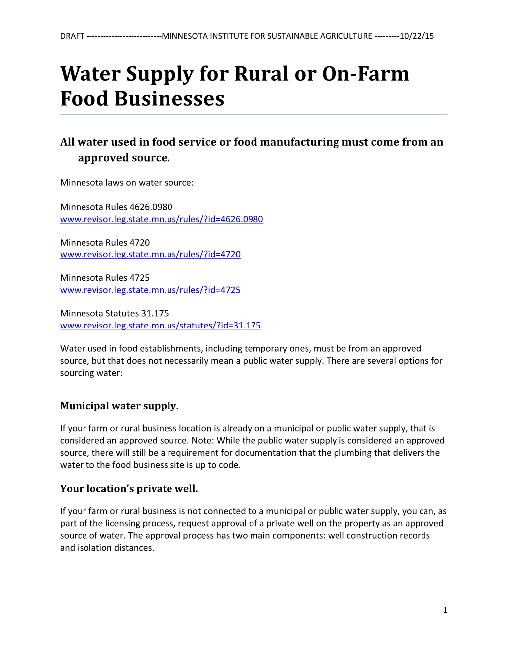 Water Supply for Rural Or On-Farm Food Businesses