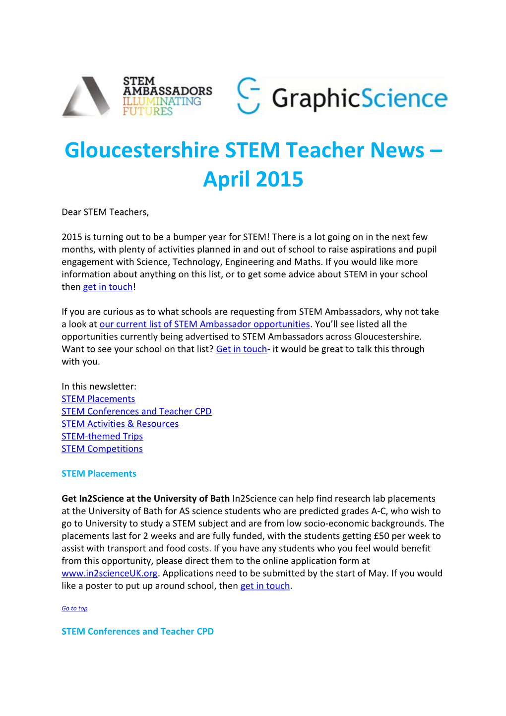 Gloucestershire STEM Teacher News April 2015