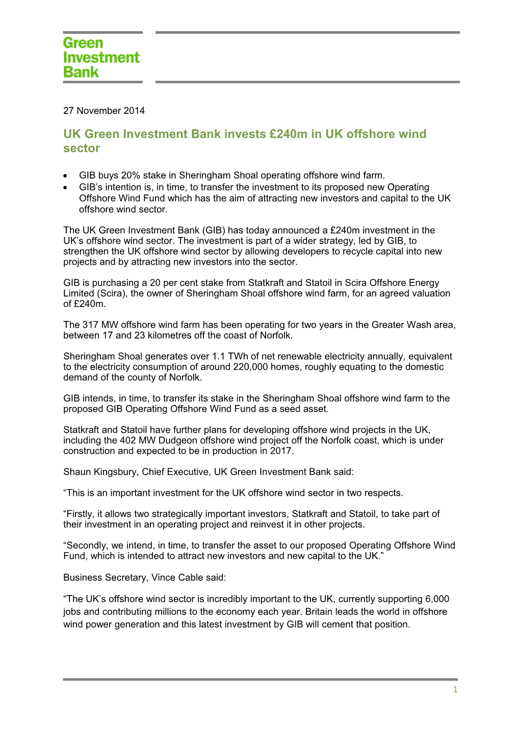 UK Green Investment Bank Invests 240M in UK Offshore Wind Sector