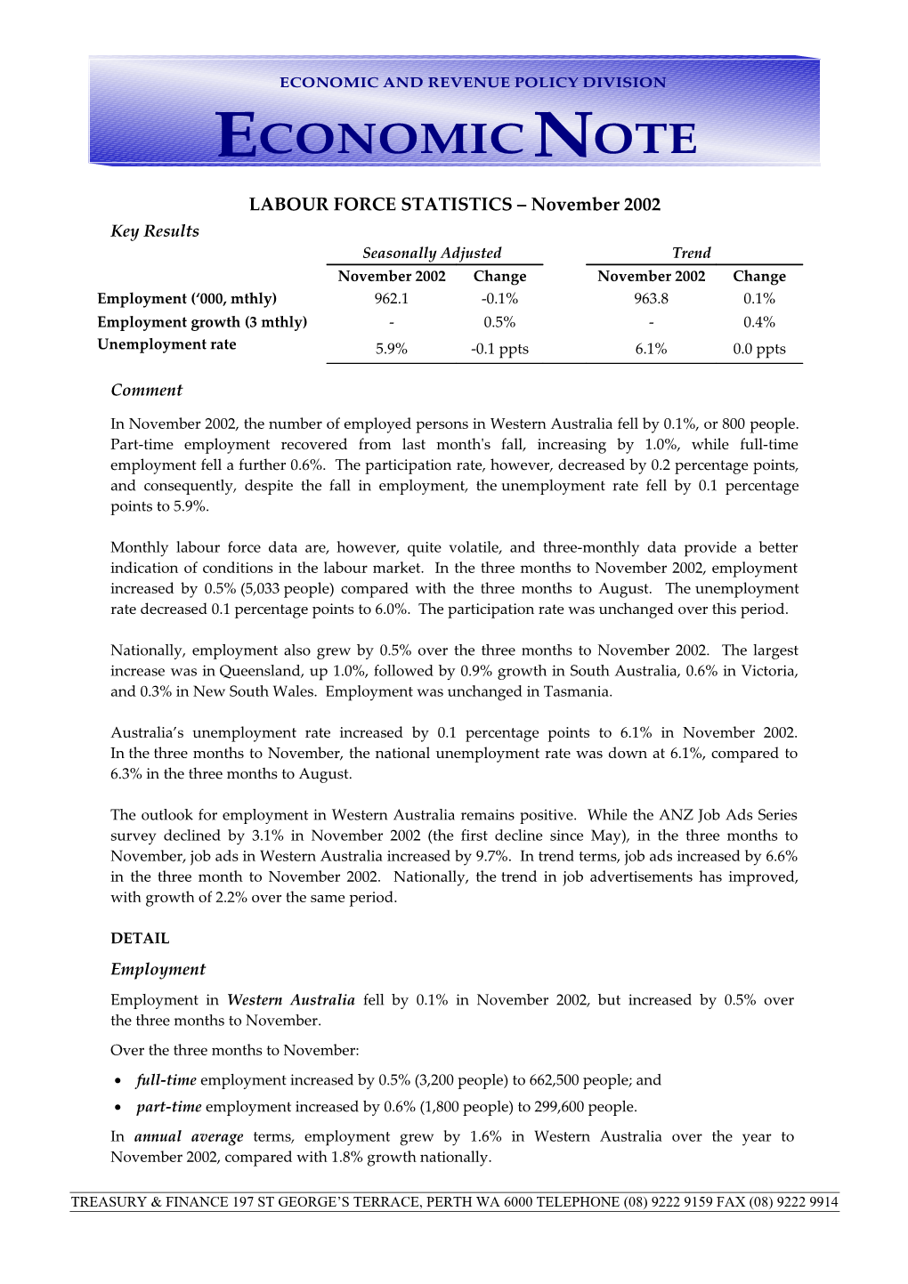 LABOUR FORCE STATISTICS November 2002