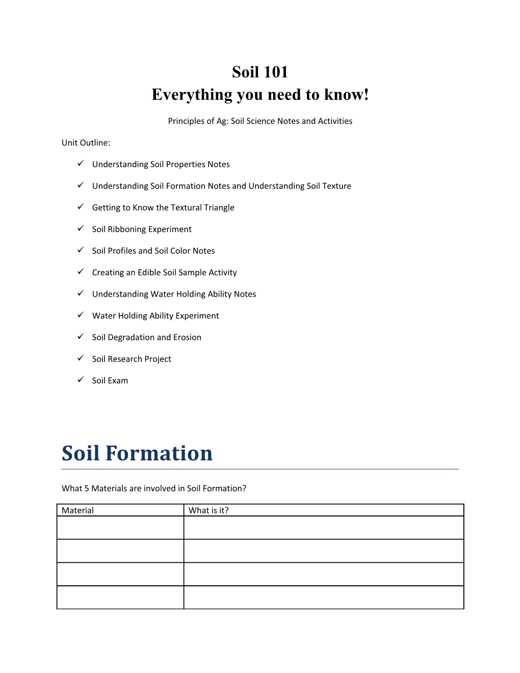 Principles of Ag: Soil Science Notes and Activities