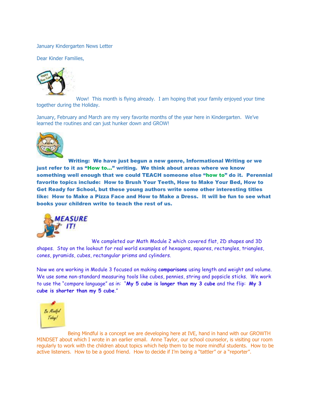 January Kindergarten News Letter