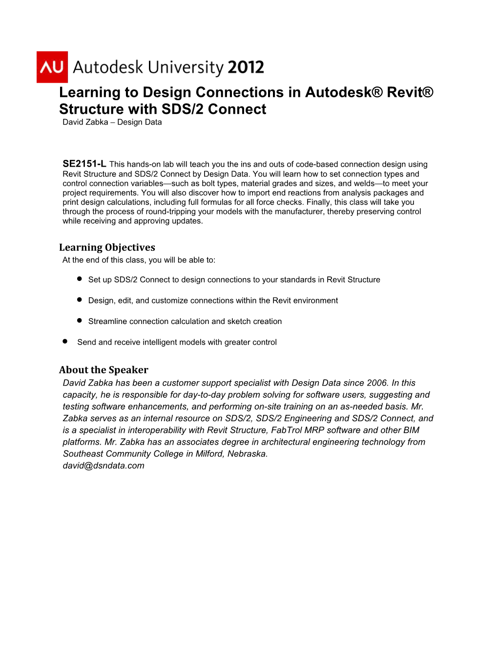 Learning to Design Connections in Autodesk Revit Structure with SDS/2 Connect