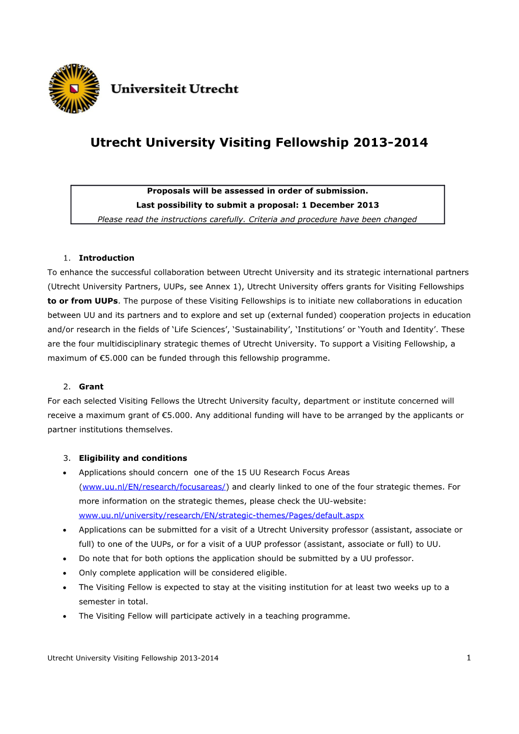 Utrecht University Visiting Fellowship 2013-2014