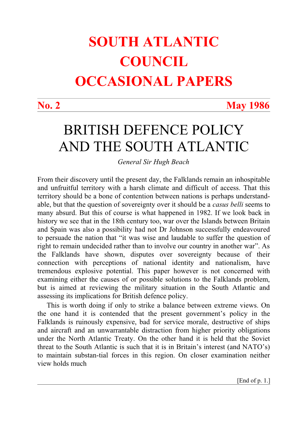 SAC Occasional Paper, No. 2, May 1986