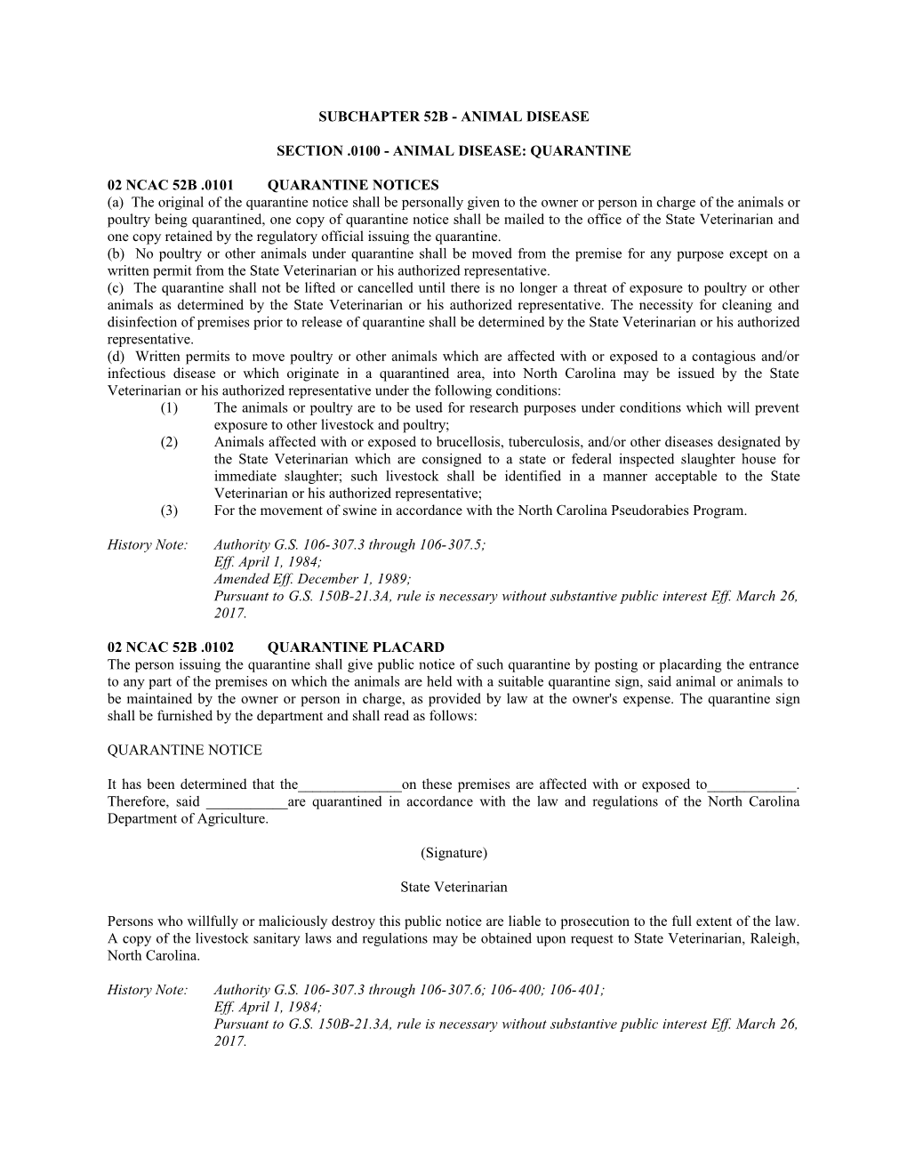 Section .0100 Animal Disease: Quarantine