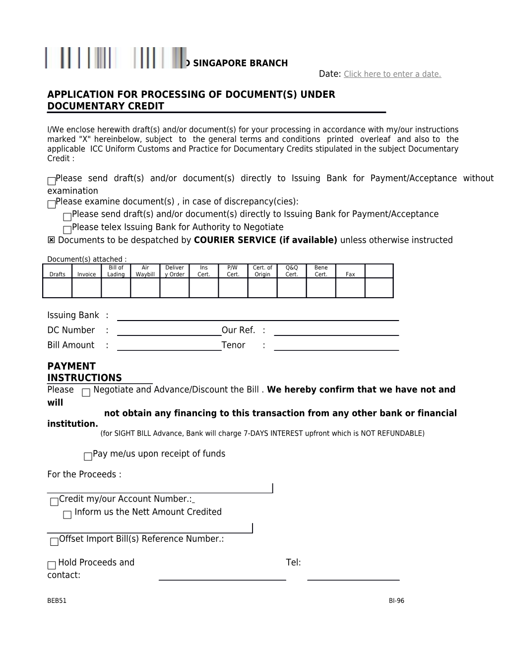 Application for Processing of Document(S) Under Documentary Credit